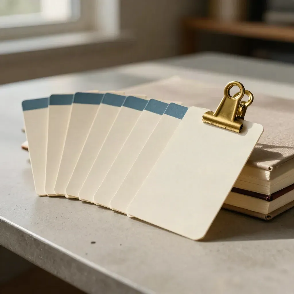 Blank step-cards with indigo tabs arc beside a notebook and brass clip on concrete.
