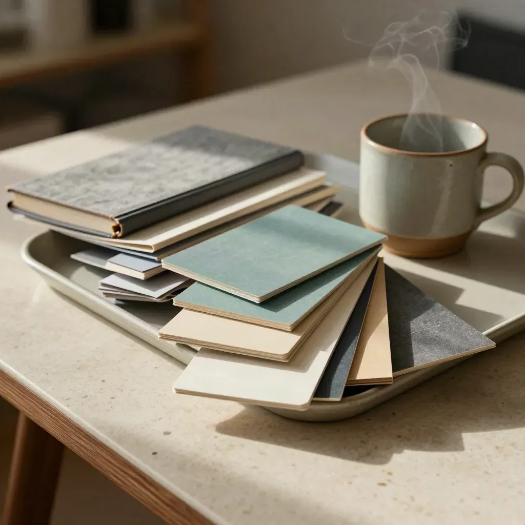 Low studio tray of idea cards, teal swatches, notebook, and steaming mug on travertine.