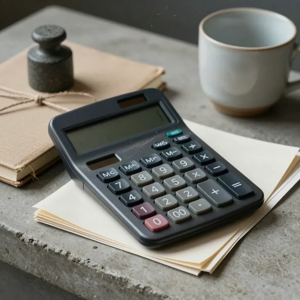 Matte calculator, twine-bound notebook, stone weight and cup on concrete with paper dust