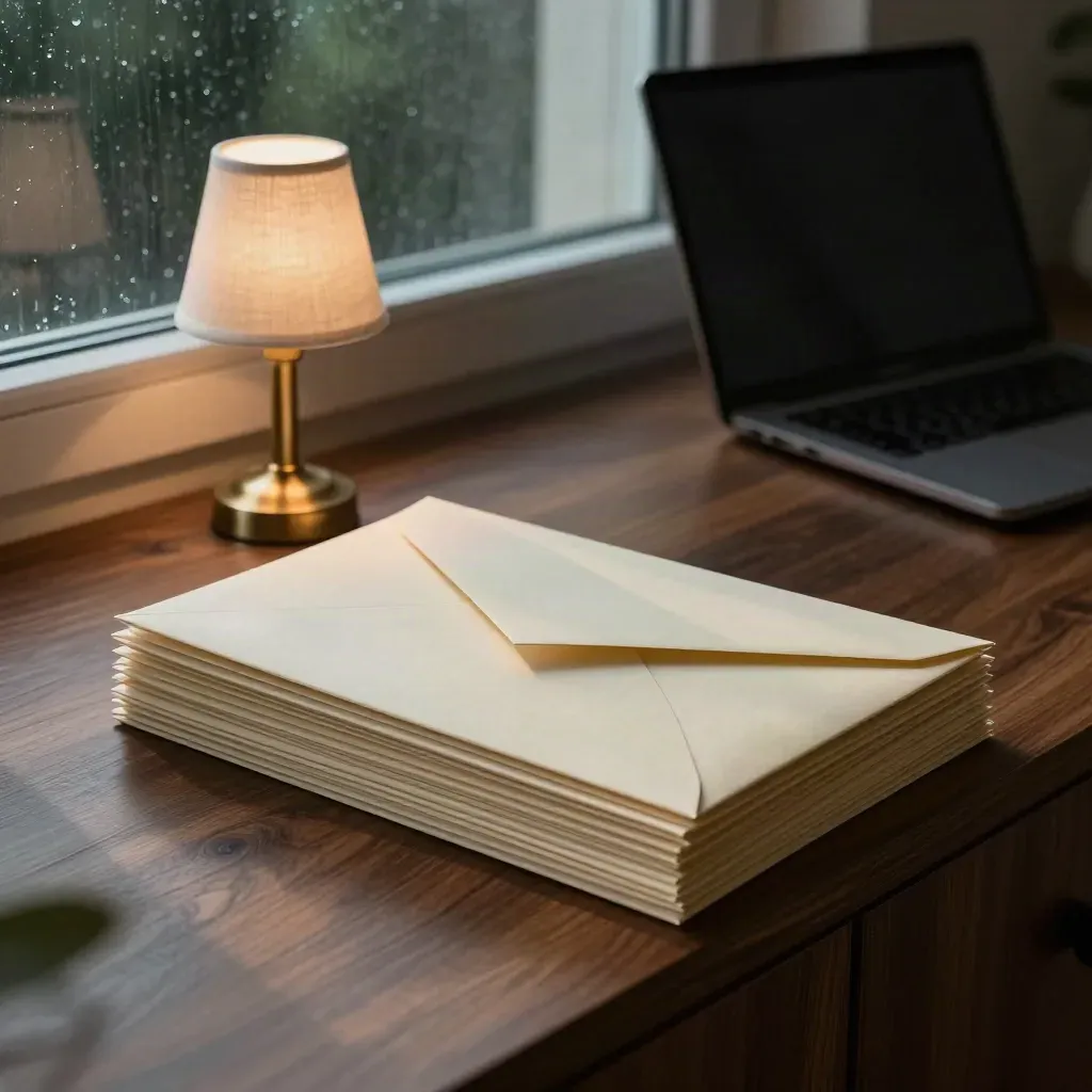 Envelope stack, small lamp, and closed laptop on a dark credenza by a rainy window at dusk.