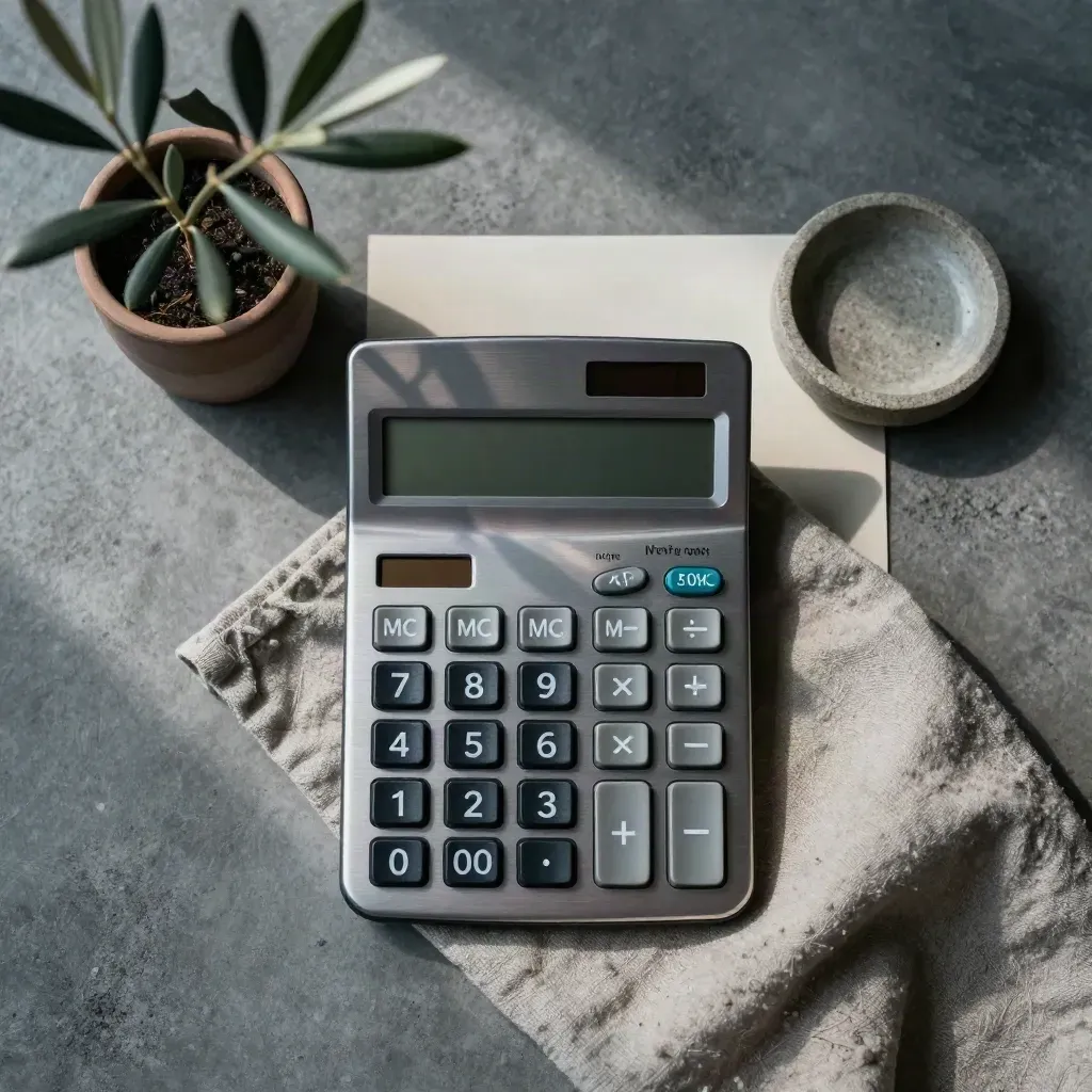 Overhead flatlay of a calculator, linen cloth, olive plant and ceramic dish on concrete.