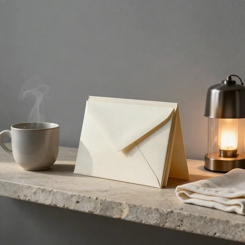 Sealed envelopes, steaming cup, folded cloth and lamp on a stone shelf